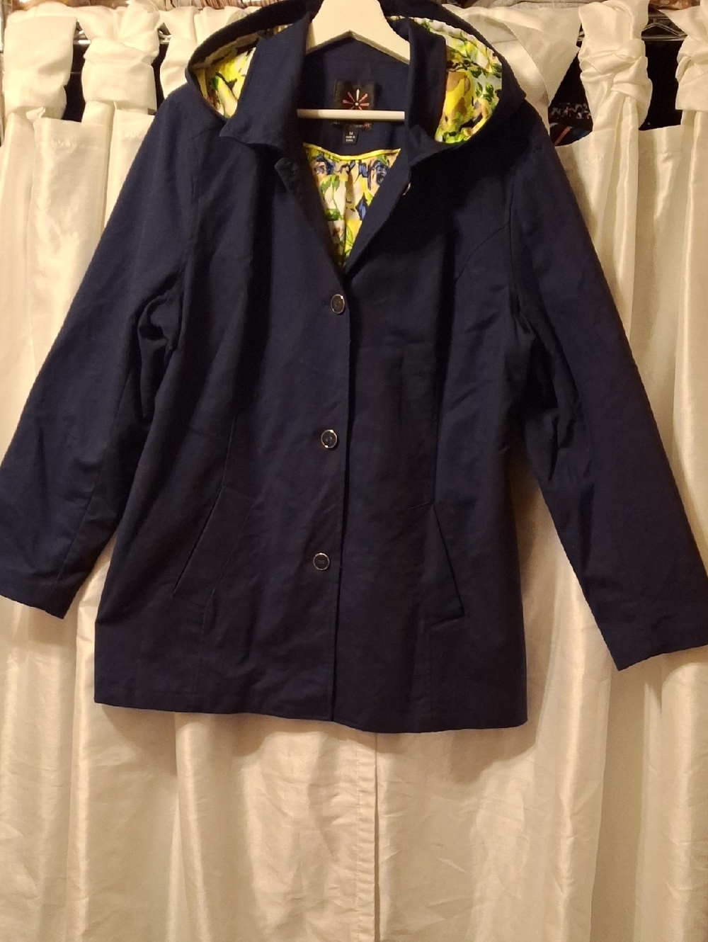 Isaac Mizrahi Navy Coat with Yellow Trim and Multicolor Floral Lining
